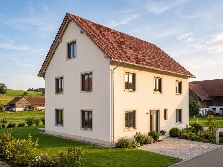 Frisch gestrichenes Einfamilienhaus in Oberschwaben im Abendlicht