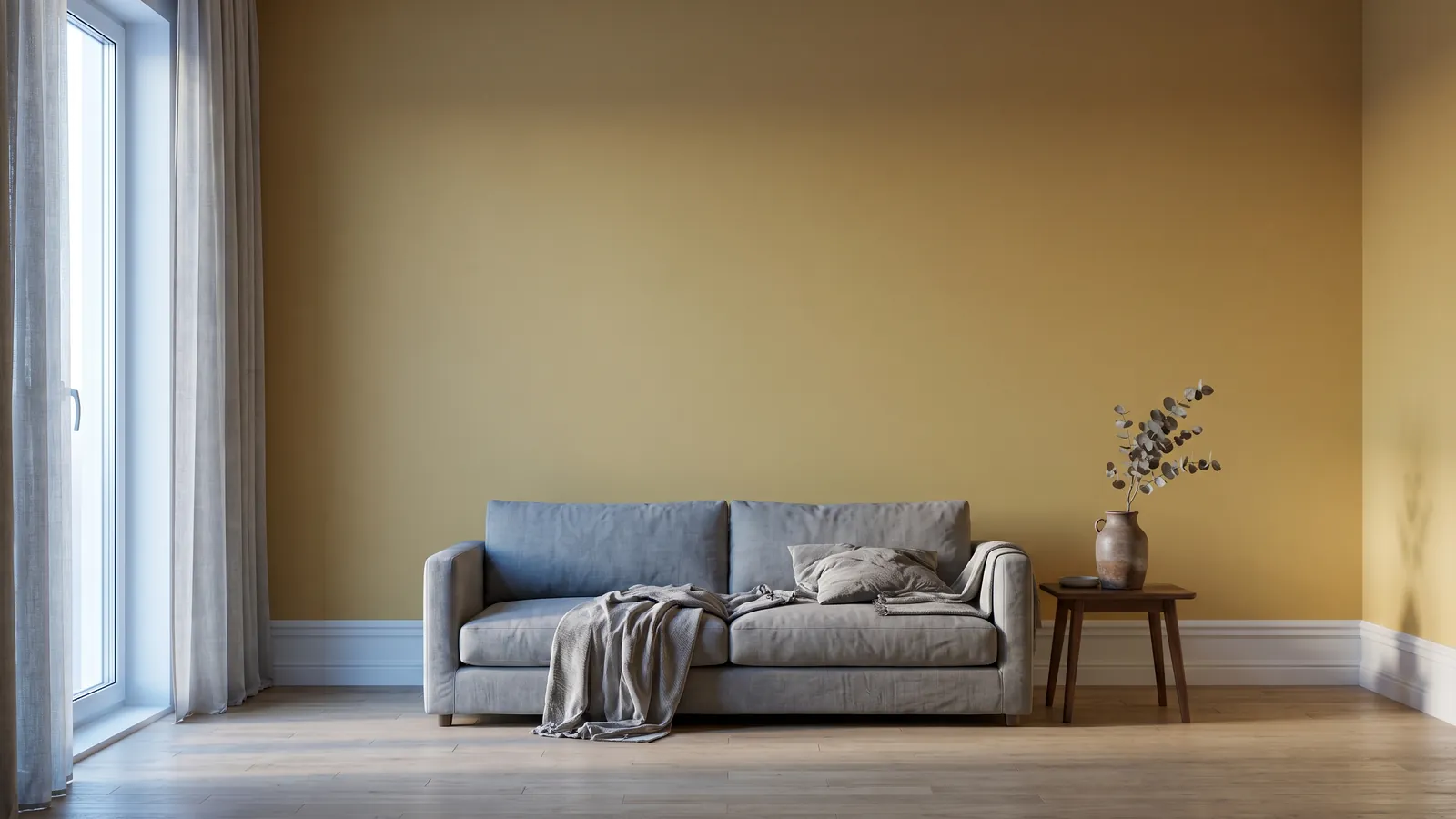 Wohnzimmer mit ockergelber Wand im kühlen Morgenlicht
